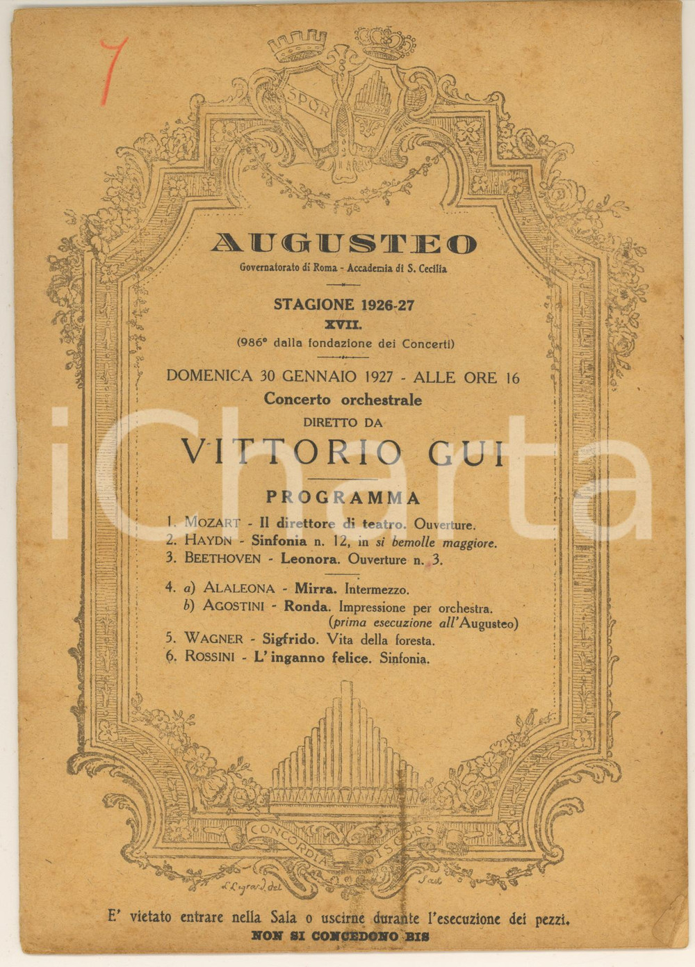 Materiale pubblicitario d’epoca 1927 ROMA Accademia Santa Cecilia  Concerto Vittorio GUI  Programma 1