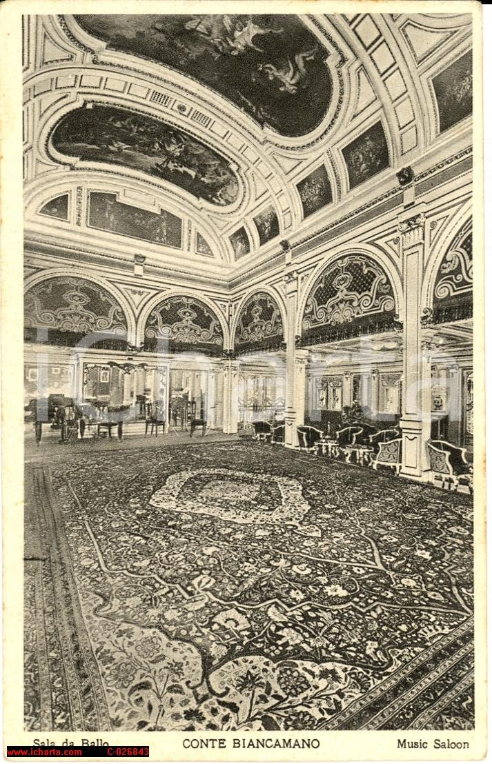 Cartolina originale da collezione 1925 Nave Conte Biancamano Sala da Ballo. USS Hermitage 1