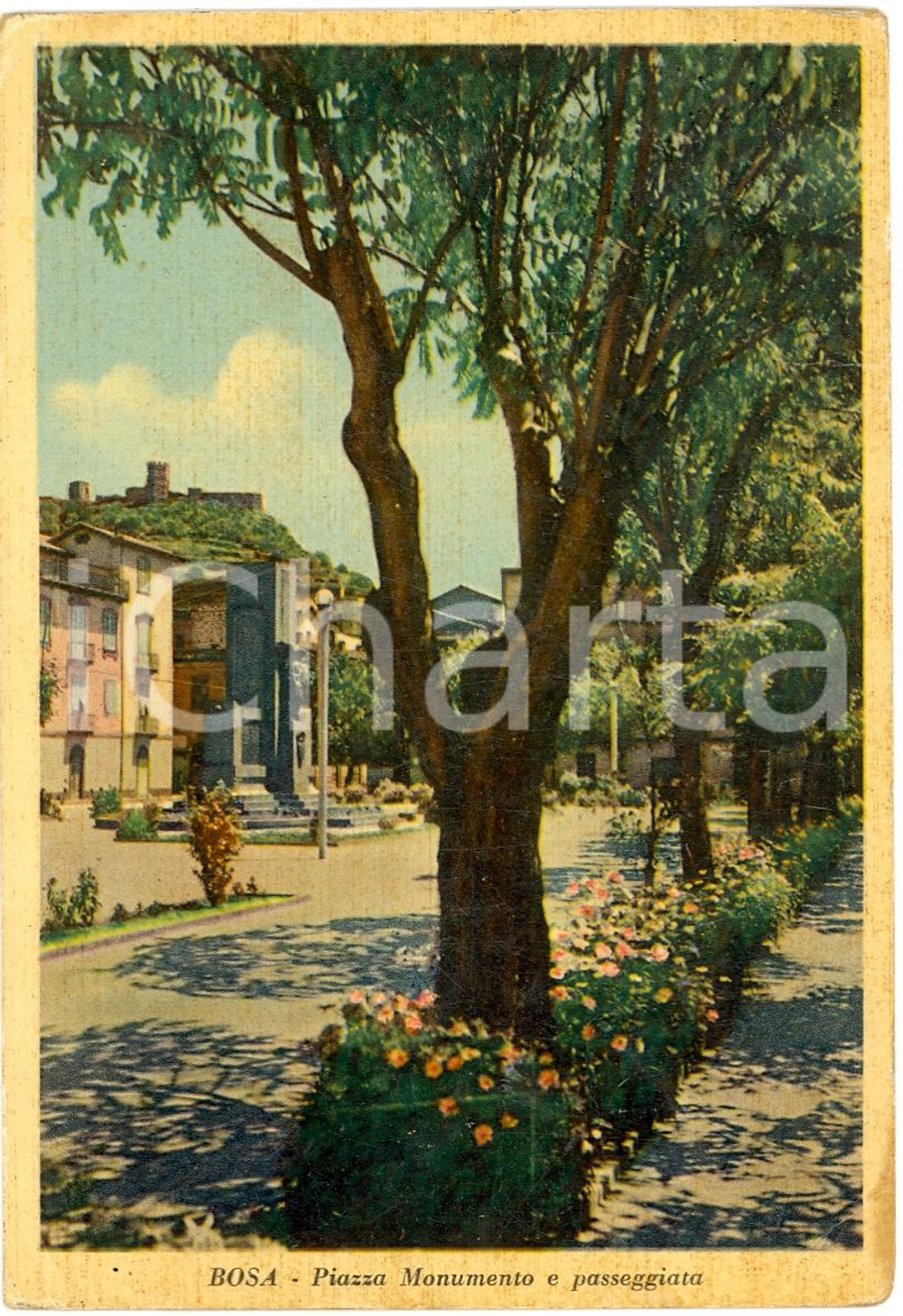 Cartolina originale da collezione 1957 BOSA (OR) Piazza Monumento Cartolina ILLUSTRATA FG 1