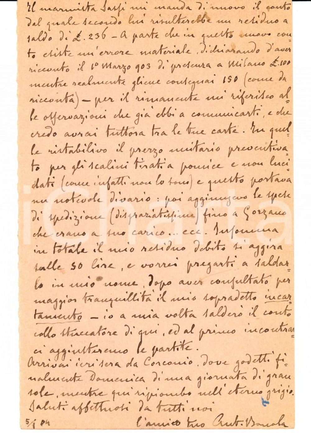 Autografo originale 1904 CORCONIO (NO) Antonio BONOLA contro marmista SARPI FP VG 1