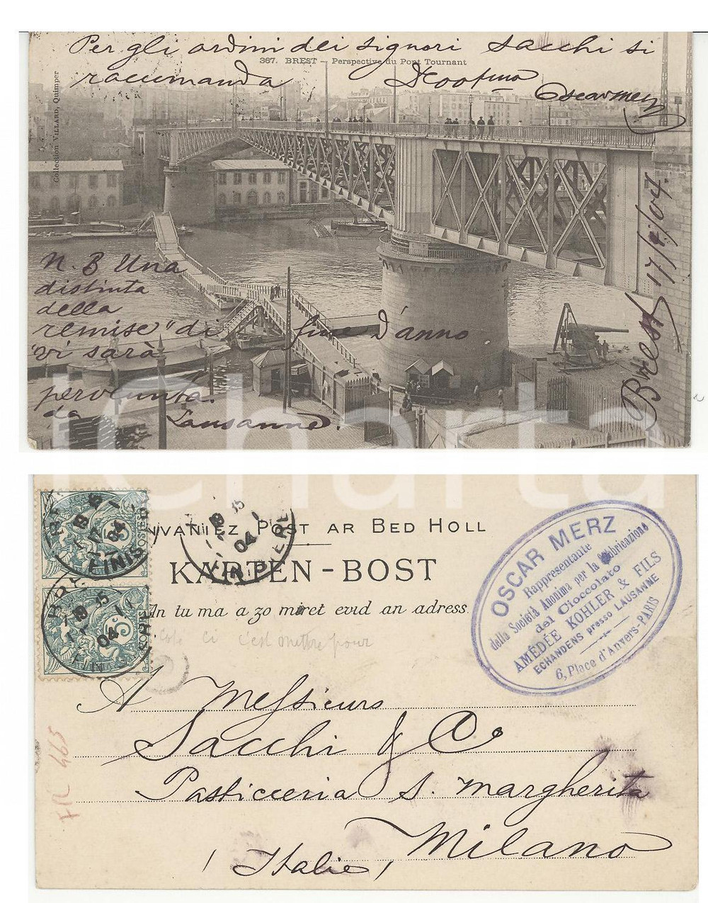 Autografo originale 1904 BREST (F) Oscar MERZ rappresentante cioccolato AMEDEEE KOHLER Lausanne 1