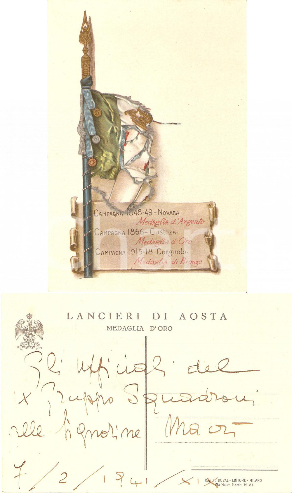 Cartolina originale da collezione 1941 LANCIERI DI AOSTA Il IX Gruppo Squadroni alle signorine MACRI' *FP NV 1