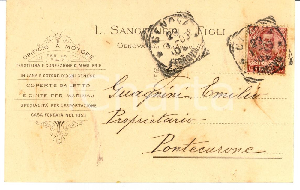 Documento originale, autentico 1903 GENOVA L. SANGUINETI & Figli Opificio maglierie Cartolina FP VG 1