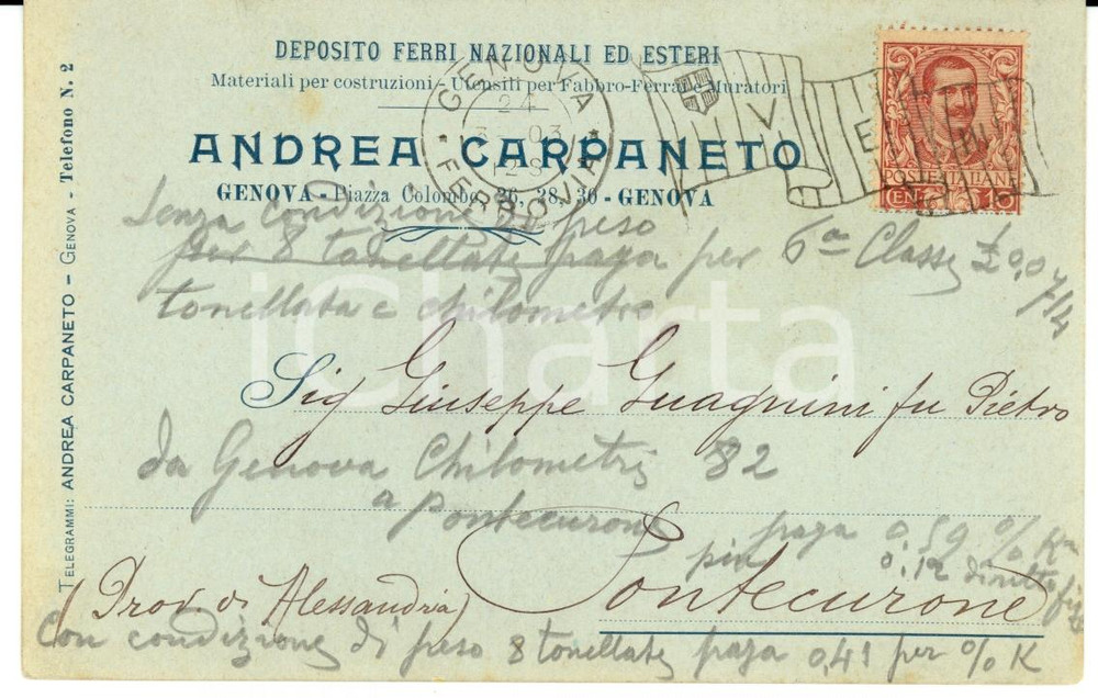 Documento originale, autentico 1903 GENOVA Andrea COLOMBO Deposito ferri nazionali ed esteri *Cartolina FP VG 1
