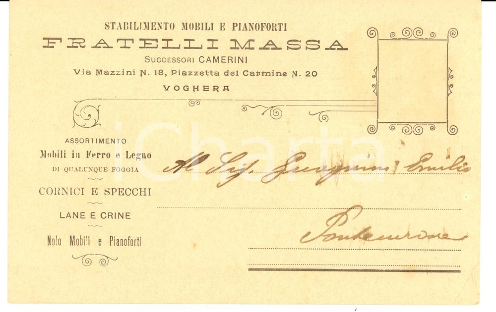Documento originale, autentico 1903 VOGHERA (PV) Fratelli MASSA successori CAMERINI Mobili e pianoforti FP NV 1