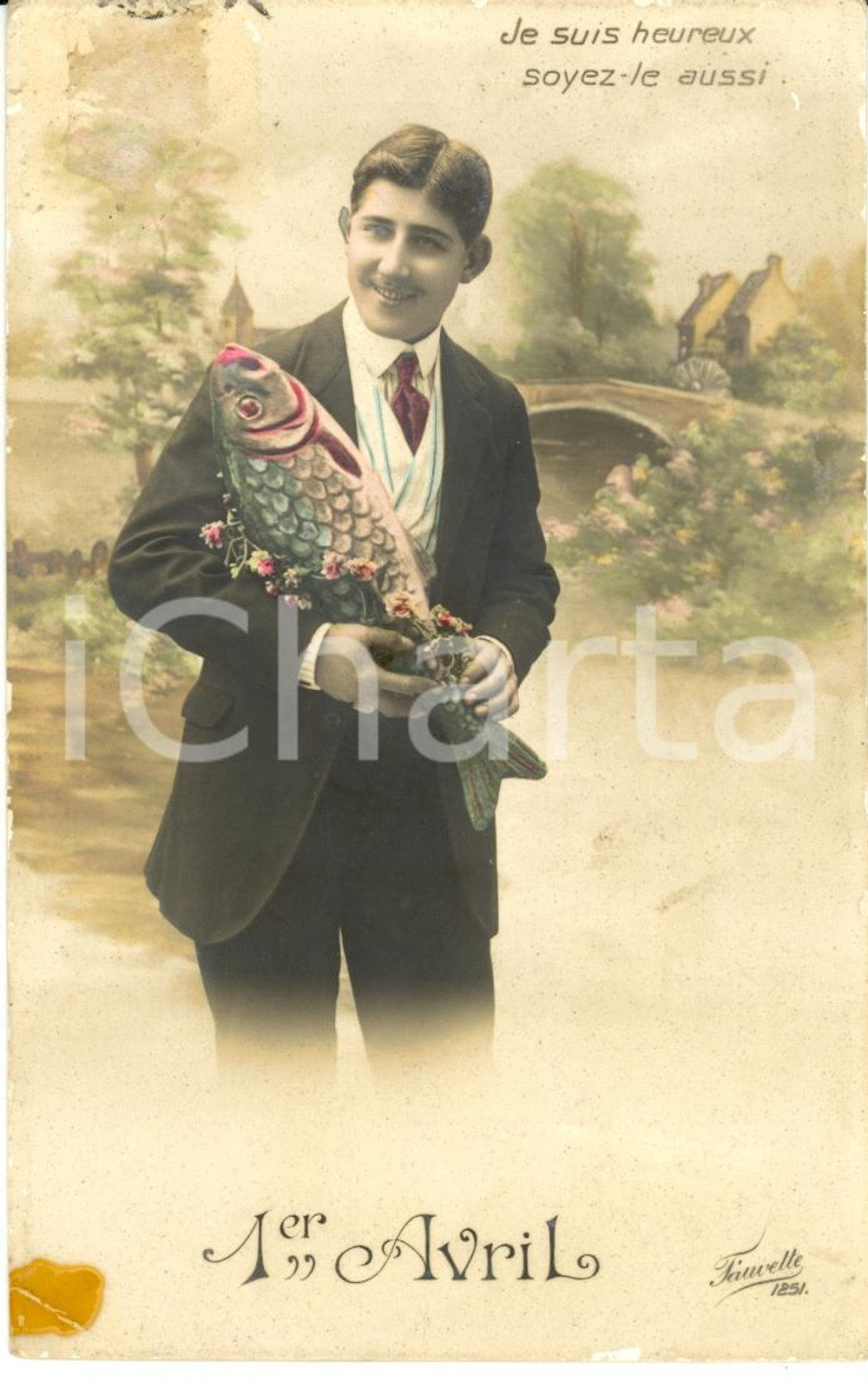 Cartolina originale da collezione 1900 ca FRANCE Poisson d'avril - Je suis heureux, soyez-le aussi *SATIRICA 1