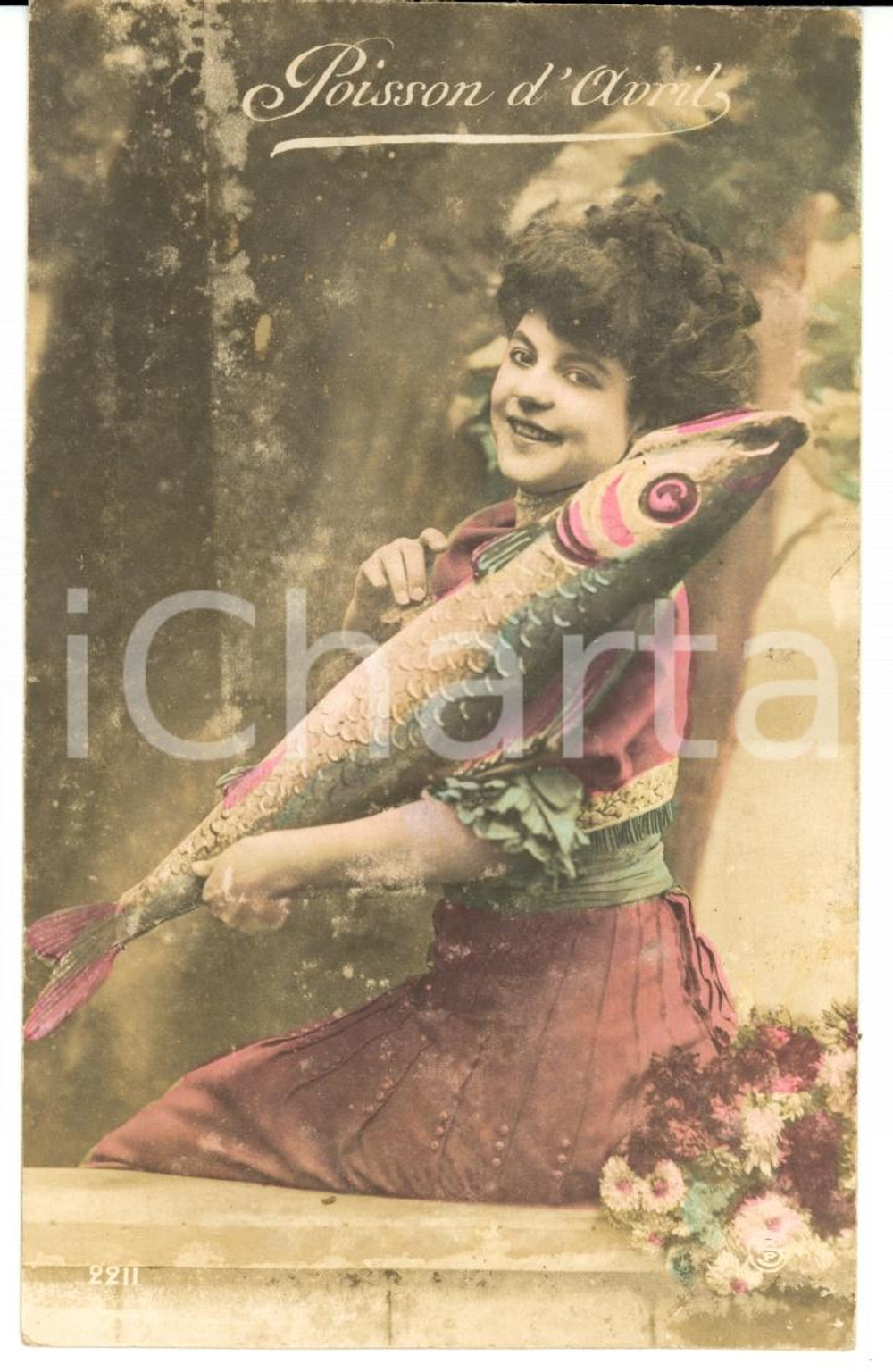 Cartolina originale da collezione 1916 FRANCE Poisson d'avril - Pesce d'aprile con giovane fanciulla *SATIRICA 1