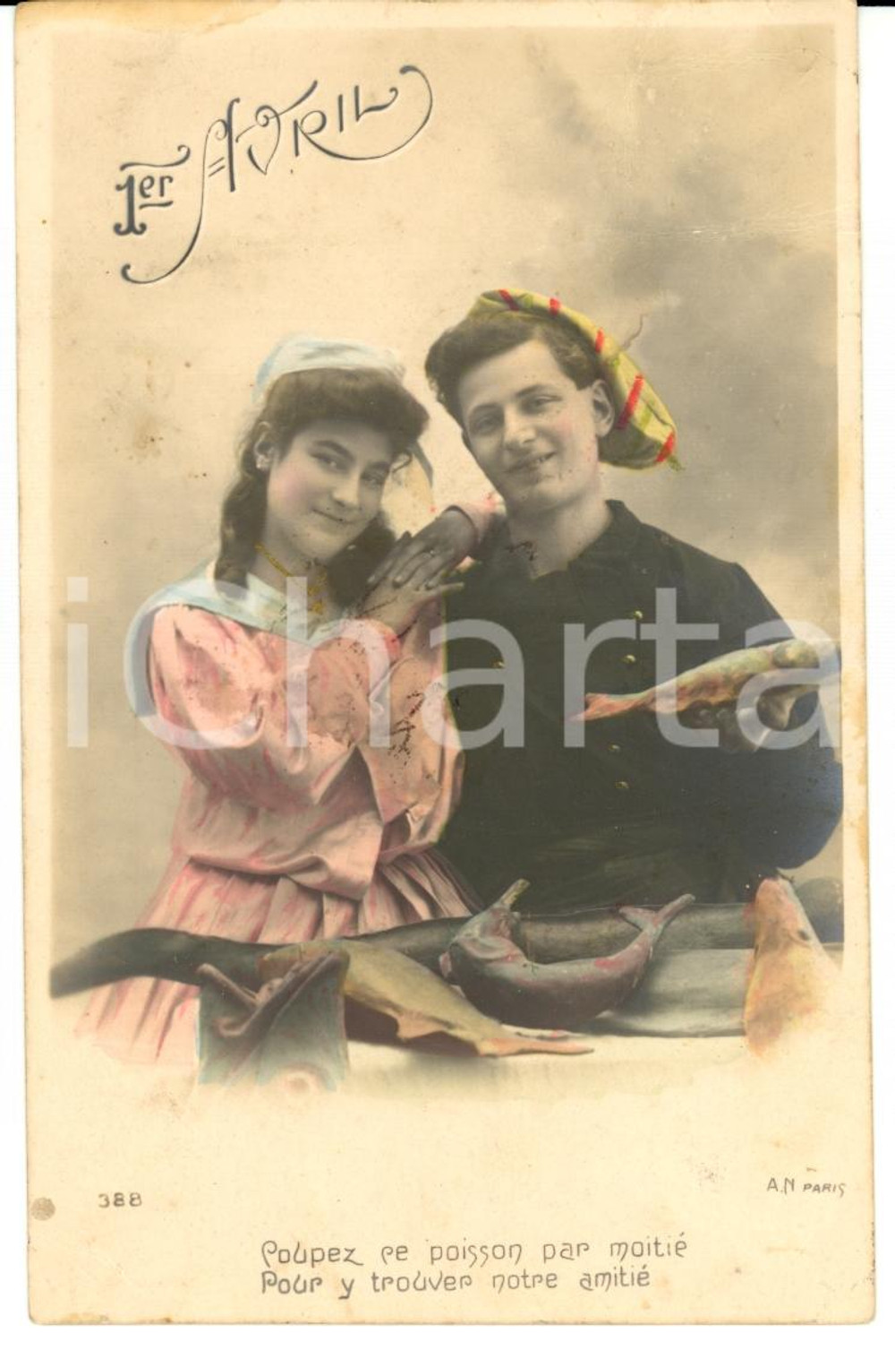 Cartolina originale da collezione 1900 ca FRANCE Poisson d'avril - Coupez ce posson par moitiÃ© *SATIRICA 1