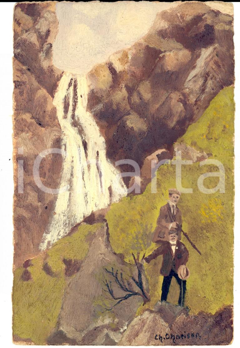 Cartolina originale da collezione 1910 ca Passeggiata in montagna *Cartolina TEMPERA A MANO Charles CHARISON 1