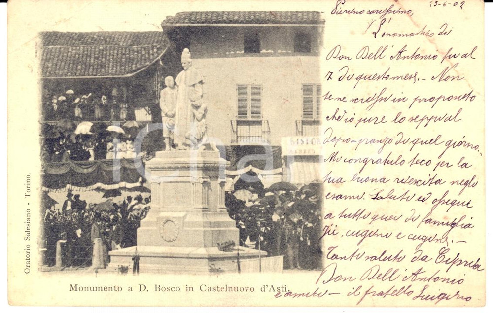 Cartolina originale da collezione 1902 CASTELNUOVO D'ASTI Monumento a DON BOSCO *Cartolina FP VG 1
