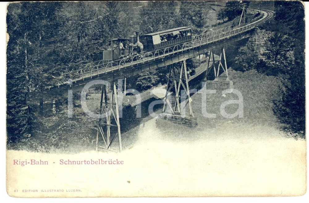 Cartolina originale da collezione 1900 ca RIGI (Svizzera) SCHNURTOBELBRUCKE Ferrovia animata con treno *Cartolina 1