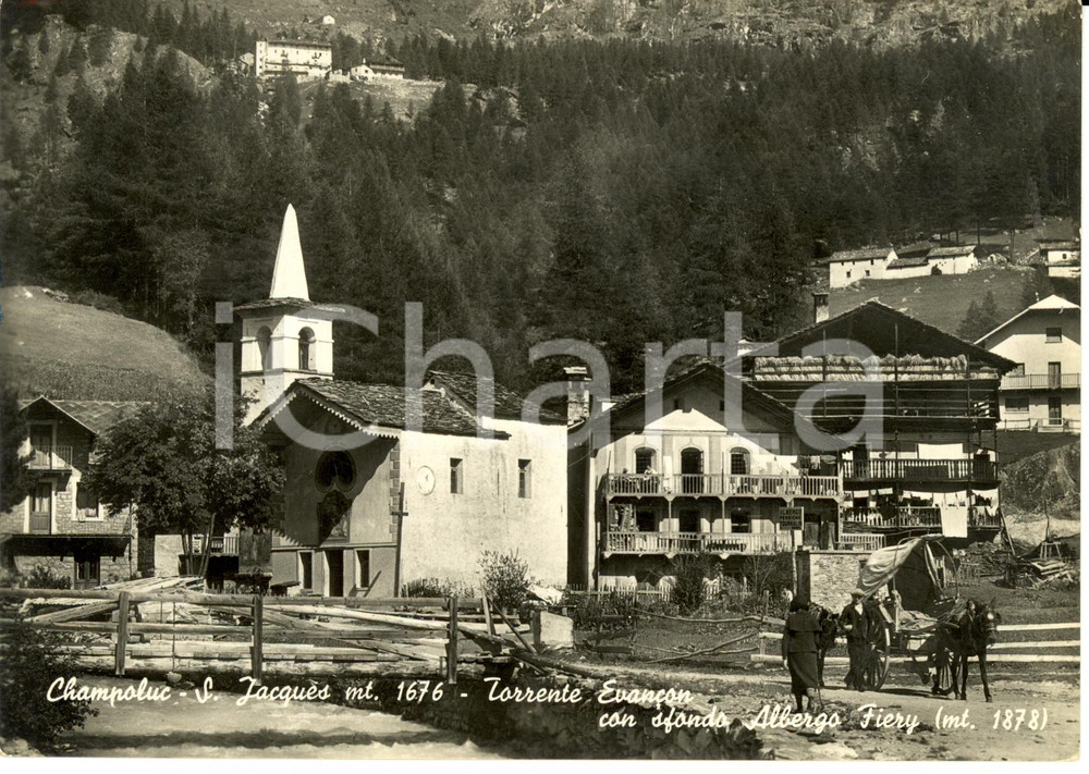 Cartolina originale da collezione 1940 ca CHAMPOLUC (AO) Torrente Evancon con sfondo Albergo FIERY  FG NV 1