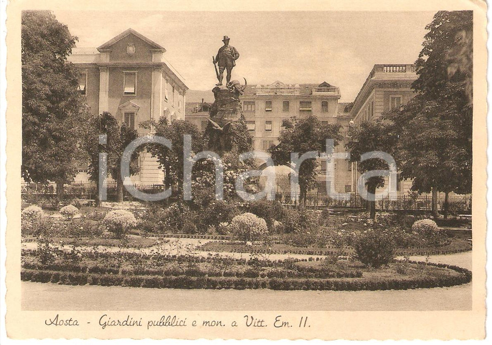 Cartolina originale da collezione 1940 ca AOSTA Giardini pubblici e monumento a Vittorio Emanuele II FG VG 1