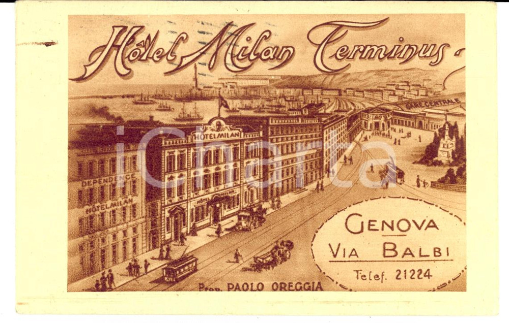 Cartolina originale da collezione 1928 GENOVA Hotel MILANO TERMINUS di Paolo OREGGIA Cartolina FP VG 1