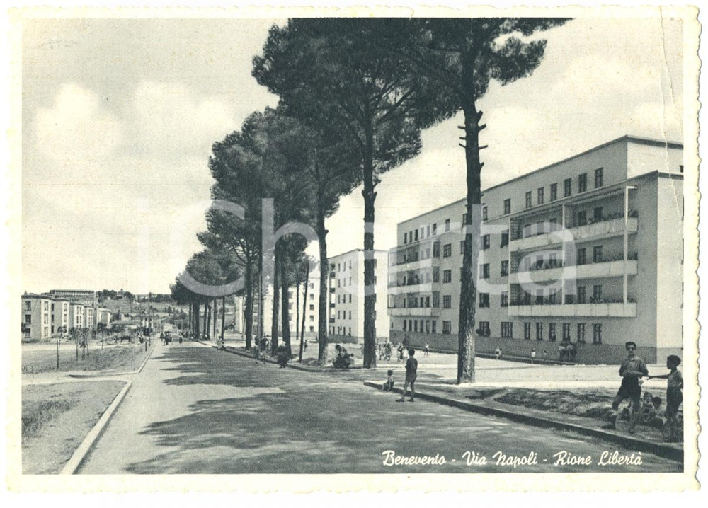 Cartolina originale da collezione 1950 ca BENEVENTO Veduta di via NAPOLI nel Rione LIBERTA  Liquore Strega 1