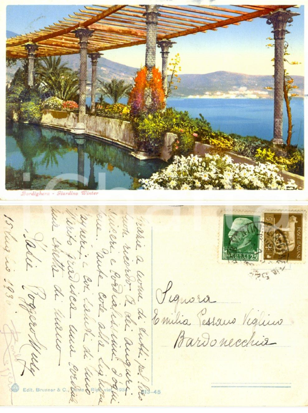Autografo originale 1936 BORDIGHERA IM Autografo Katie MUSY ROGGERO Cartolina Giardino d inverno 1
