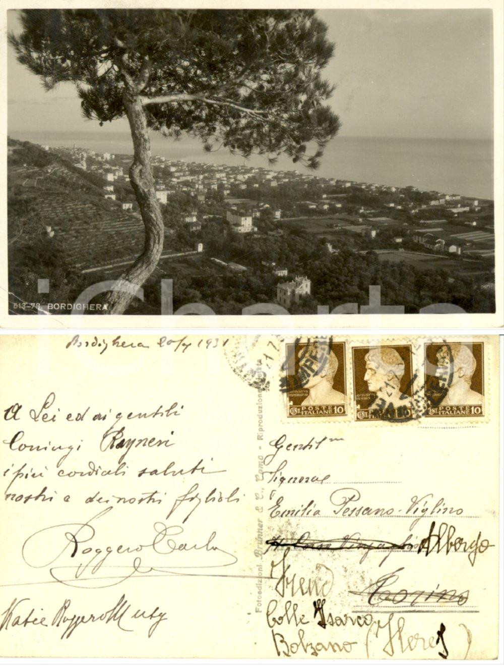 Autografo originale 1931 BORDIGHERA (IM) Autografo Katie MUSY ROGGERO *Cartolina veduta panoramica 1