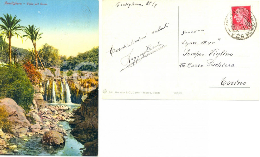 Autografo originale 1937 BORDIGHERA (IM) Cartolina Carlo ROGGERO all'avv. Pompeo VIGLINO *AUTOGRAFO 1