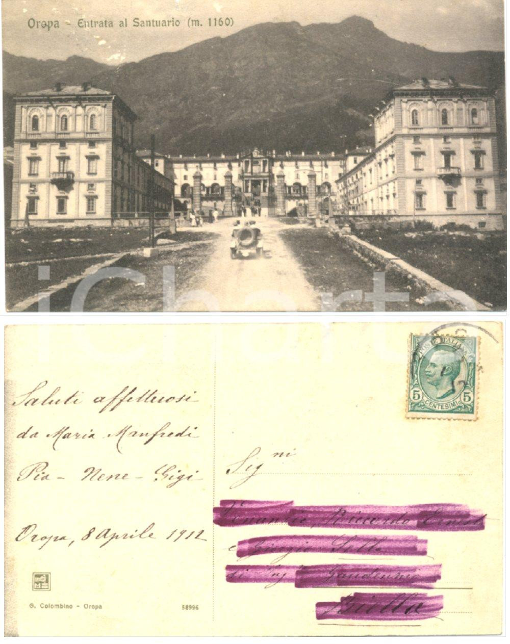 Autografo originale 1912 OROPA BI Maria MANFREDI a figli Gaudenzio SELLA Cartolina Santuario 1