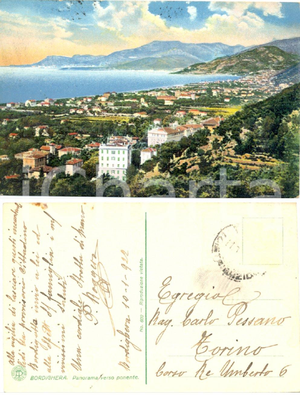 Autografo originale 1922 BORDIGHERA IM Cartolina gioiellieri ROGGERO a Carlo PESSANO AUTOGRAFO 1