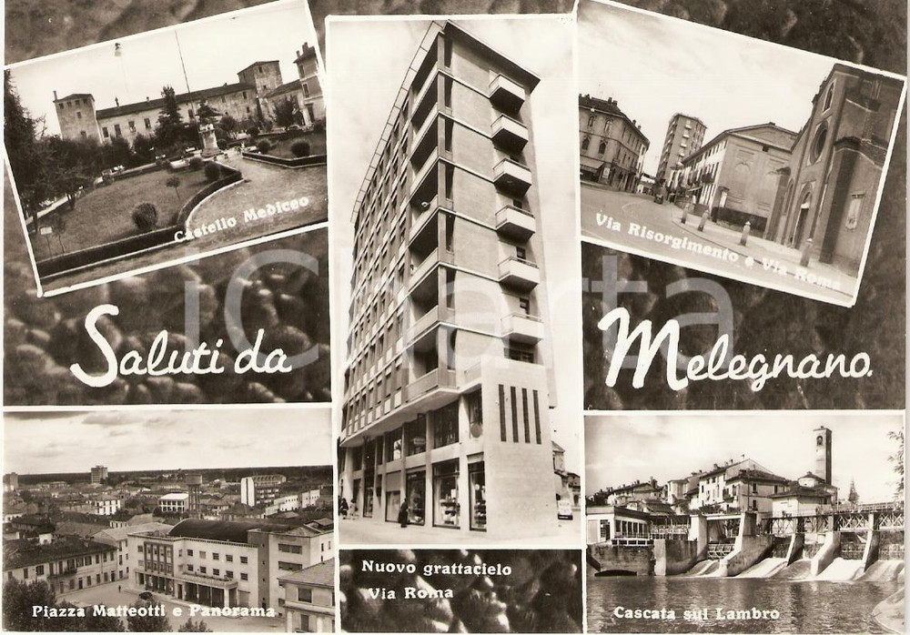 Cartolina originale da collezione 1960 ca MELEGNANO (MI) Vedutine Grattacielo VIA ROMA Castello MEDICEO Lambro *FG 1