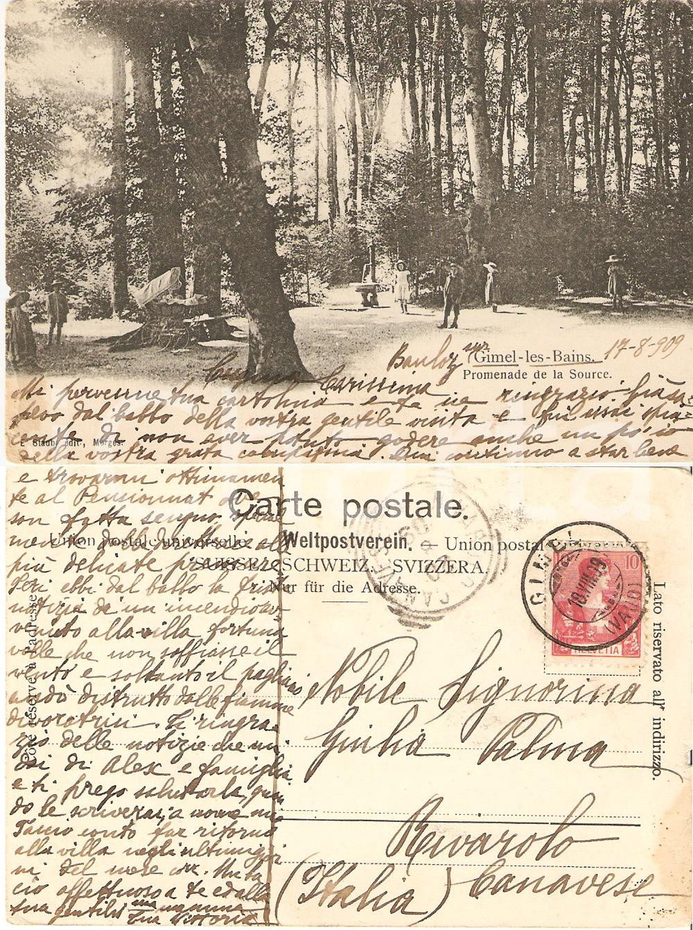 Cartolina originale da collezione 1909 GIMEL-LES-BAINS (Svizzera) *Cartolina a Giulia PALMA di BORGOFRANCO 1