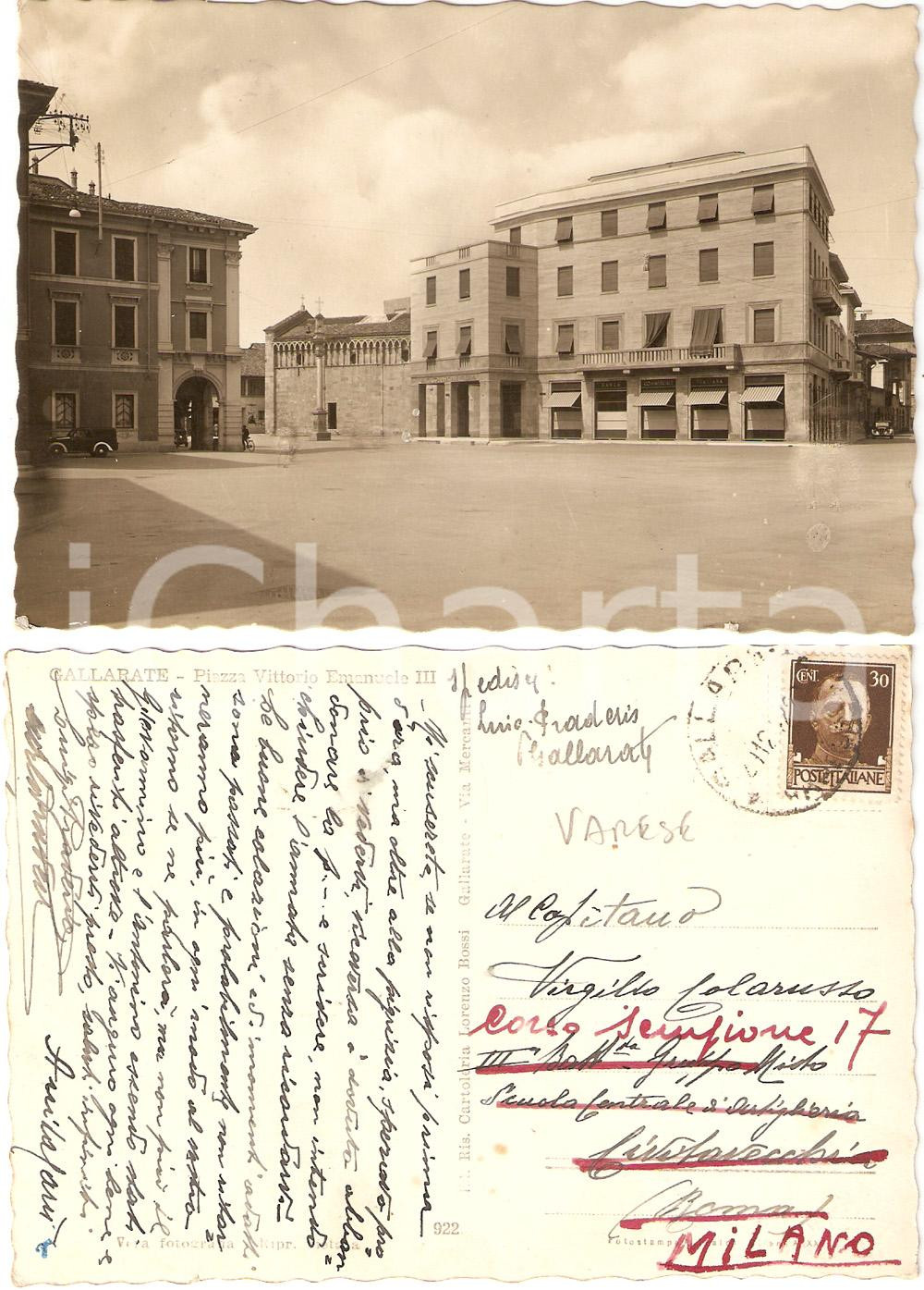 Cartolina originale da collezione 1940 ca GALLARATE Piazza Vittorio Emanuele III *Cartolina a Virgilio COLARUSSO 1