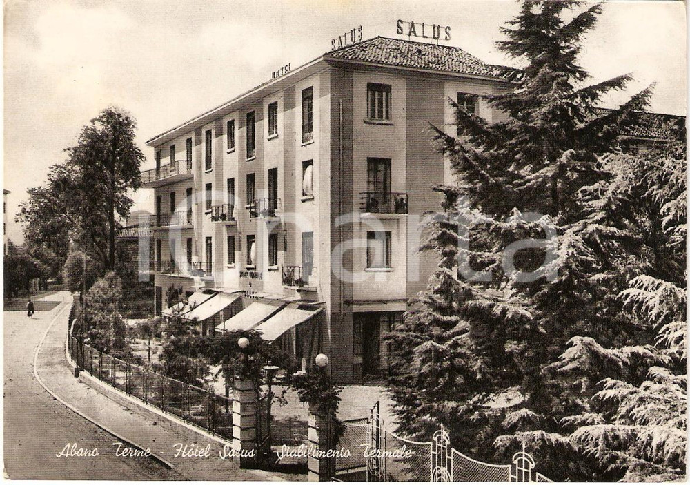 Cartolina originale da collezione 1950 ABANO TERME PD Stabilimento Termale HOTEL SALUS Cartolina Animata FG VG 1