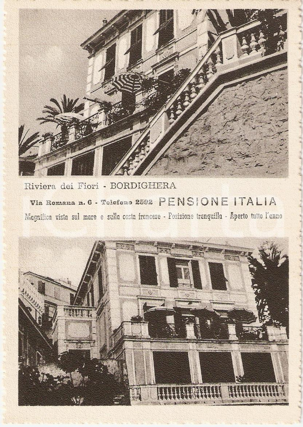 Cartolina originale da collezione 1950 ca BORDIGHERA (IM) Riviera dei fiori PENSIONE ITALIA Cartolina FG NV 1