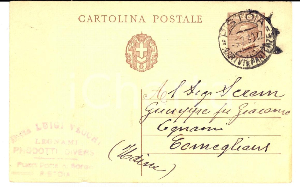 Documento originale, autentico 1930 PISTOIA Ditta Luigi VECCHI legnami Cartolina intestata FP VG 1