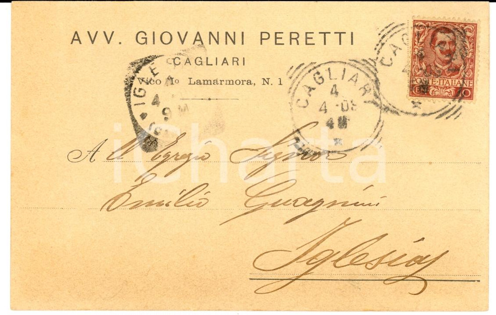 Documento originale, autentico 1903 CAGLIARI Avv. Giovanni PERETTI su lite PERSOD Cartolina FP VG 1