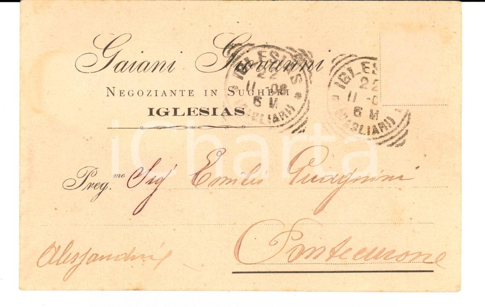 Cartolina originale da collezione 1908 IGLESIAS (CA) Giovanni GAIANI negoziante in sugheri *Cartolina FP VG 1
