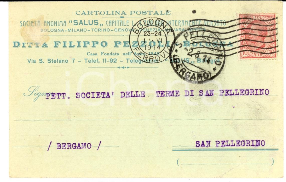 Cartolina originale da collezione 1914 BOLOGNA Ditta Filippo PEZZOLI SocietÃ  SALUS *Cartolina FP VG 1