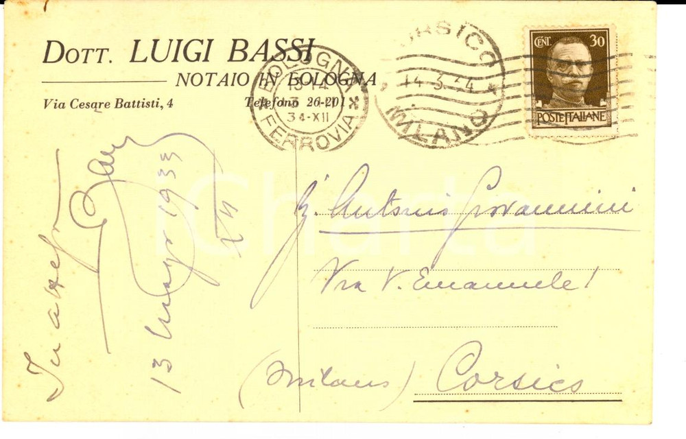 Autografo originale 1934 BOLOGNA Notaio Luigi BASSI Uffici non si pagano a festa finita *Autografo 1