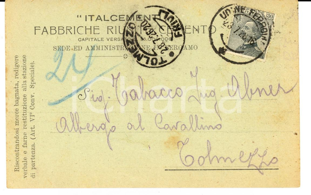 Cartolina originale da collezione 1928 CIVIDALE DEL FRIULI UD ITALCEMENTI Fabbriche Riunite Cartolina intestata 1