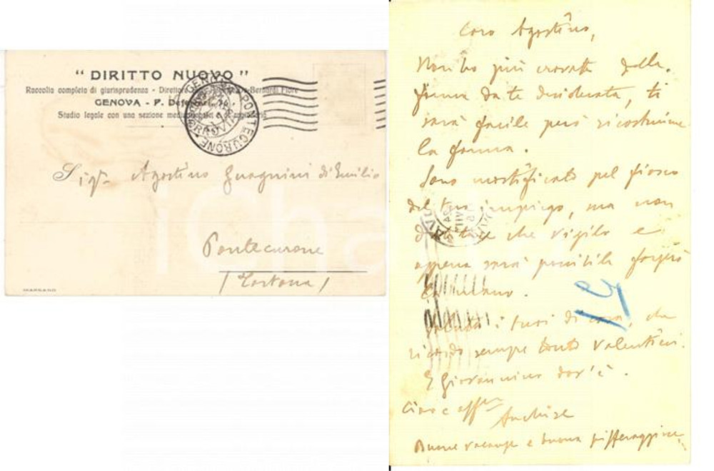 Autografo originale 1928 GENOVA DIRITTO NUOVO Direttore Anchise DE BERNARDI FIORE *Autografo FP VG 1