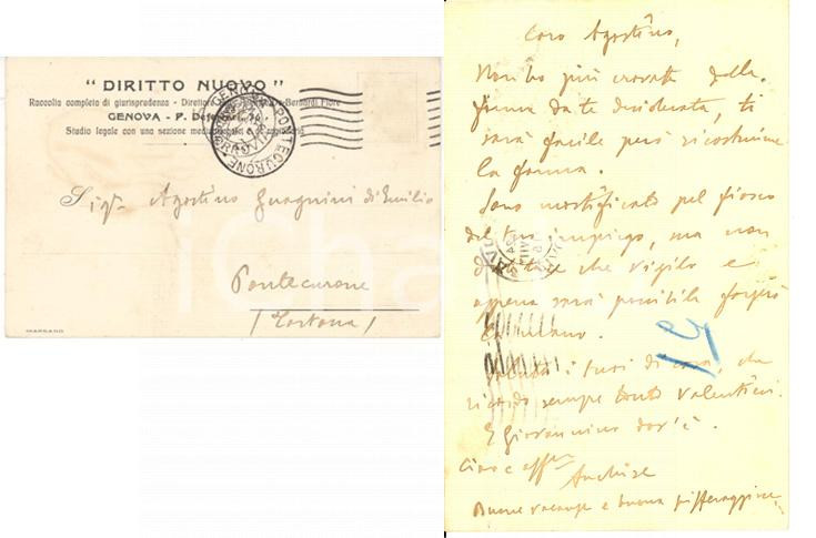 Autografo originale 1928 GENOVA DIRITTO NUOVO Direttore Anchise DE BERNARDI FIORE Autografo FP VG 1