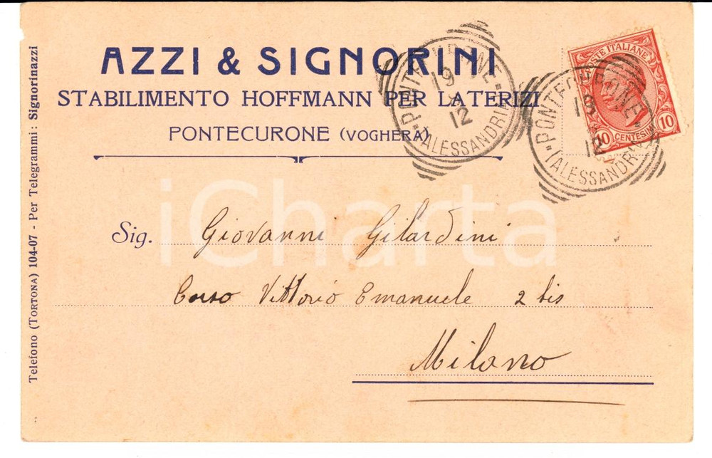 Cartolina originale da collezione 1912 PONTECURONE (AL) AZZI & SIGNORINI Stabilimento HOFFMANN laterizi *Cartolina 1