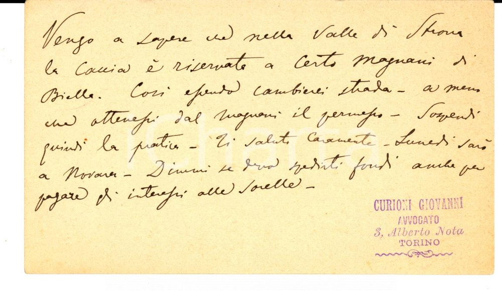 Autografo originale 1880 ca TORINO On. Giovanni CURIONI su caccia a ORTA NOVARESE Autografo 1