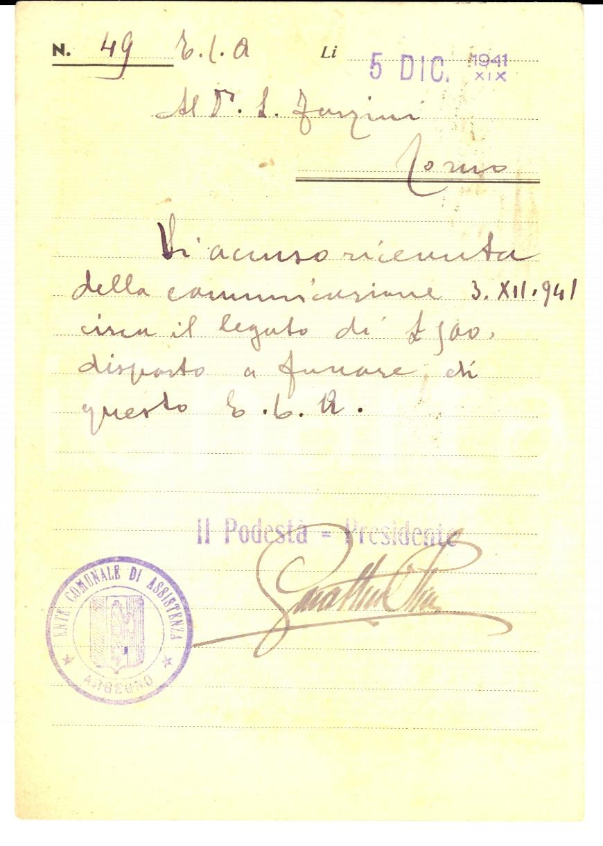 Autografo originale 1941 ARGEGNO CO Cartolina podestà  Gualtiero RIVA AUTOGRAFO FG VG 1