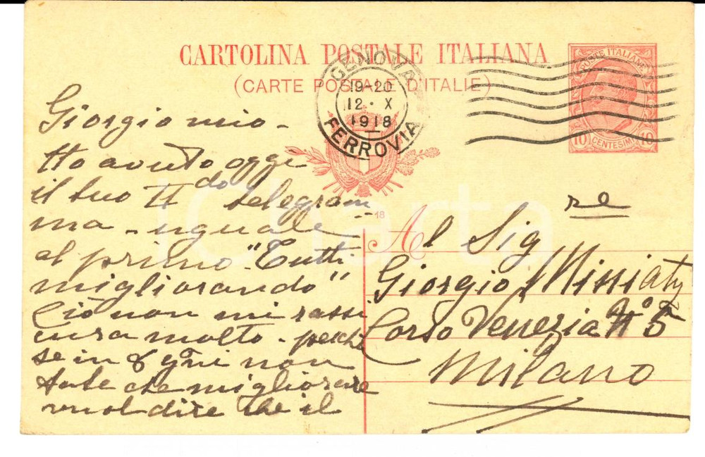Autografo originale 1918 GENOVA Marchesa Augusta PLATTIS teme per la salute del figlio *AUTOGRAFO 1
