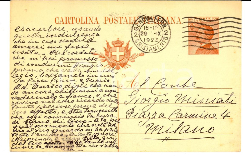 Autografo originale 1923 GENOVA Marchesa Augusta PLATTIS soffre disturbi di salute *AUTOGRAFO 1