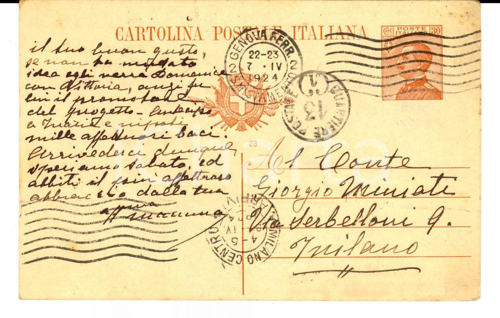 Autografo originale 1924 GENOVA Marchesa Augusta PLATTIS al figlio Giorgio MINIATI *AUTOGRAFO 1