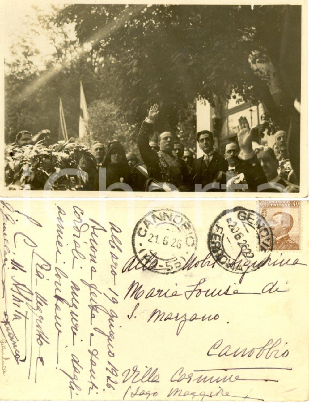 Autografo originale 1926 GENOVA ALBARO Cartolina MUSSOLINI omaggia un caduto *Autografo Pia NEGROTTO 1