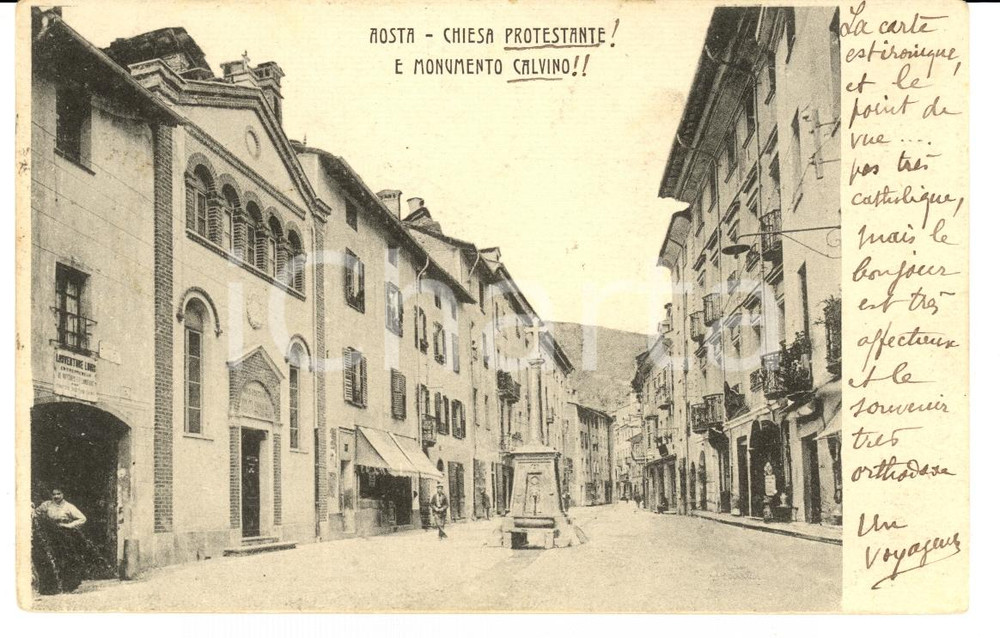Cartolina originale da collezione 1904 AOSTA Chiesa protestante e monumento a Calvino *Saluti ortodossi FP VG 1
