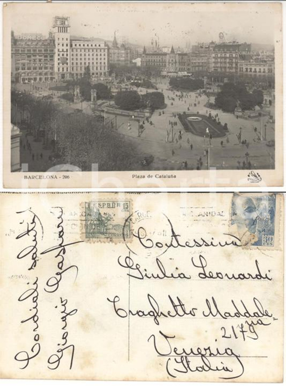 Autografo originale 1940 ca BARCELLONA Plaza CATALUNA *Giorgio GASPARI a contessa Giulia LEONARDI 1