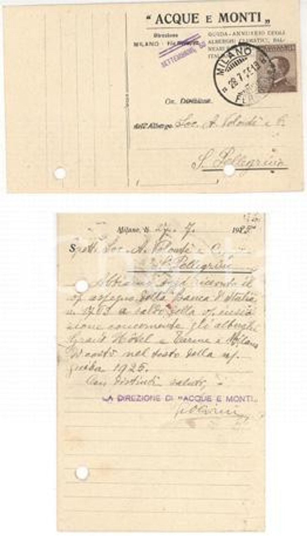 Autografo originale 1925 MILANO Cartolina ACQUE E MONTI *Autografo Giulio OLIVIERI FP VG 1
