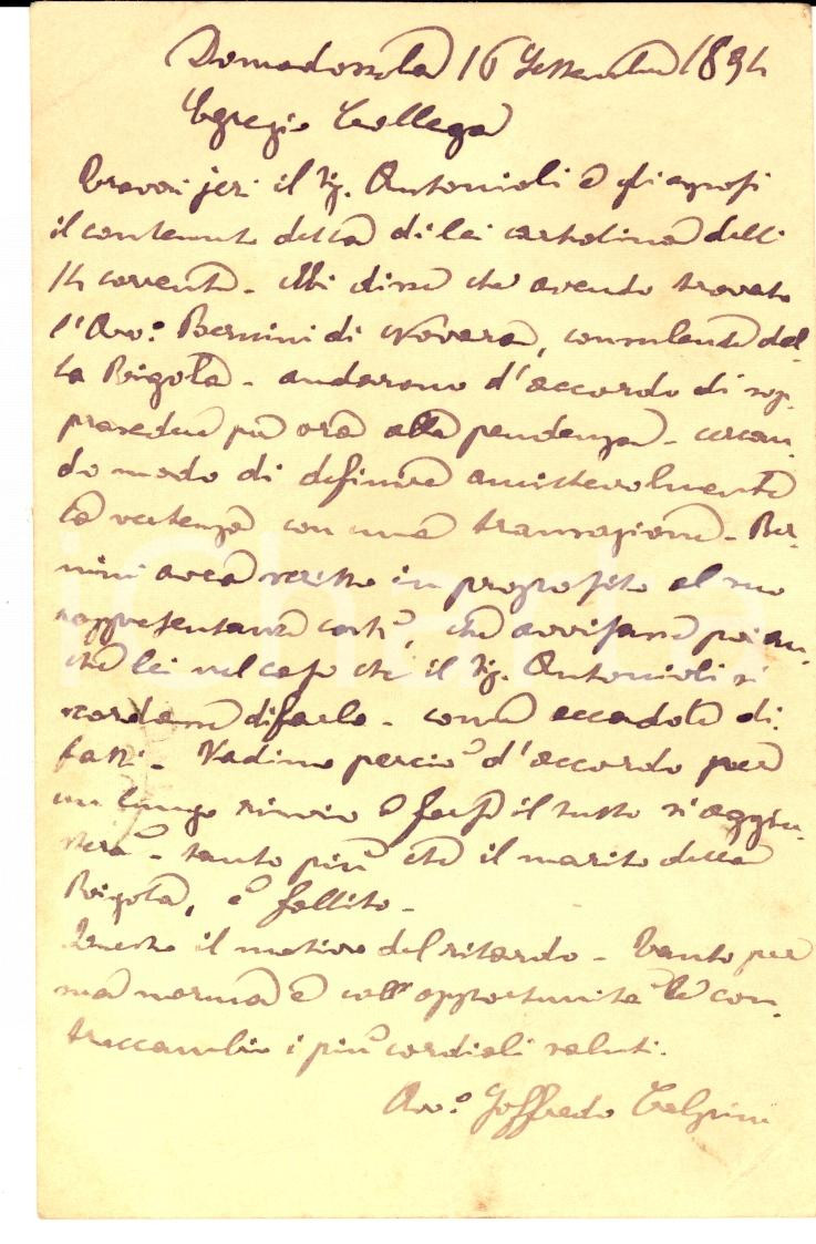 Autografo originale 1894 DOMODOSSOLA (VB) Avv. Goffredo CALPINI cerca accordo su vertenza *AUTOGRAFO 1