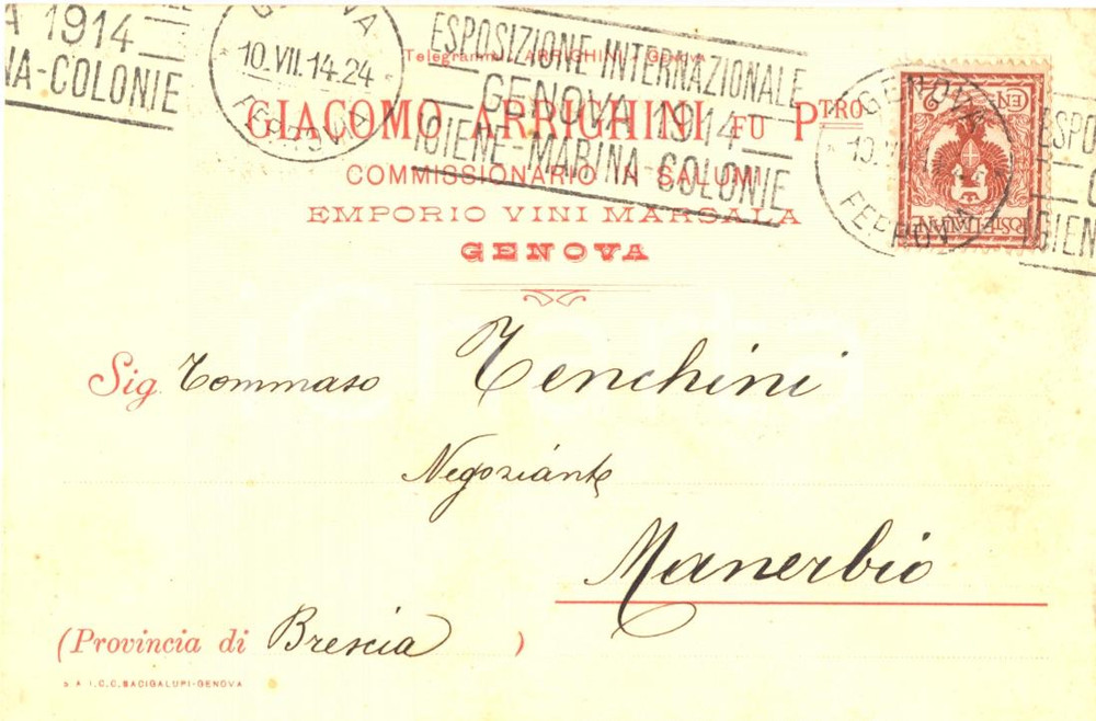 Cartolina originale da collezione 1914 GENOVA Giacomo Arrighini  Commissionario Cartolina commerciale FP VG 1