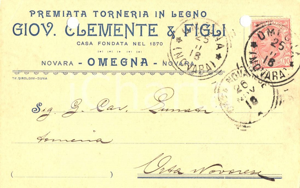 Cartolina originale da collezione 1916 OMEGNA (VB) Giov. CLEMENTE & FIGLI Torneria in legno *Cartolina commerciale 1